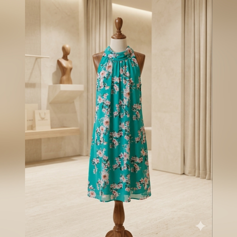 Eva Mendes Green Rose Print High Neck Dress XS Sleeveless Lined